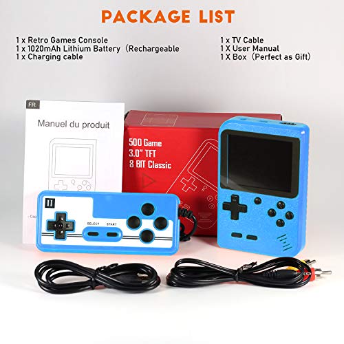 Hbaid Handheld Game Console, Retro Mini Game Player with 500 Classical Games 3.0-Inch Color Screen Support for Connecting TV Two players 1020mAh Rechargeable Battery Gift for Kids and Adult (Blue)