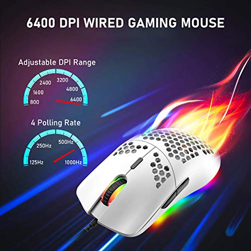 Wired Gaming Mouse, 6 RGB Lighting 6400 DPI Programmable USB Gaming Mice with 6 buttons, Honeycomb Shell Ergonomic Design for PC Gamers and Xbox and PS4 Users -White