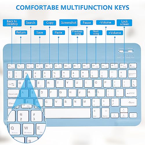 AIMMIE Portable Wireless Keyboard, Rechargeable10 Ultra Slim Universal Tablet Keyboard with Wireless Mouse, Small Wireless Keyboard for iOS/Android/Windows Tablets, Laptops, PC, Phones (Blue)