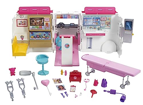 Barbie Ambulance and Hospital Playset, Emergency Vehicle with Lights and Sounds Transforms into Care Clinic and 20 Doll Accessories, Toys for Ages 3 and Up, One Barbie Vehicle, FRM19