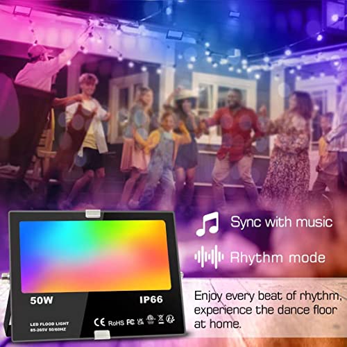 Flood Lights Outdoor With Alexa, Smart LED Floodlight Colour Changing 500W Equivalent 5000LM, Bluetooth APP Control, Warm White+1600 Million RGB Colours,No WiFi No Hub,IP66 Waterproof UK 3-Plug,2 Pack