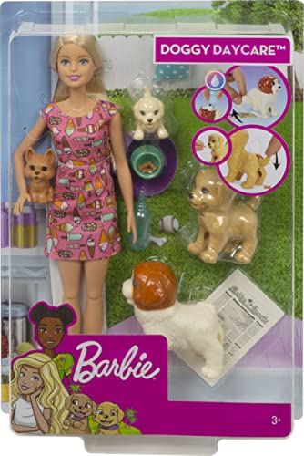 Barbie FXH08 Doggy Daycare Doll, Blonde, and Pets Playset with 4 Dogs, Including One Puppy that Poops and One that Pees, Gift for 3 to 7 Year Olds, Multicolor, 32.4 cm*7.0 cm*22.9 cm