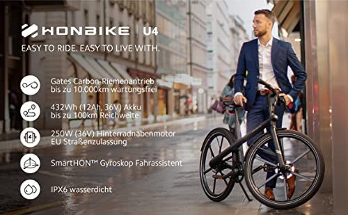 Honbike U4 E-Bike (DE) 27.5 Inch Electric Bike with 250W Rear Hub Motor & Carbon Belt Drive (Max. 25km/h, up to 100km Range, Disc Brakes, 4 Riding Modes, IPX6, LCD Display, App) Black