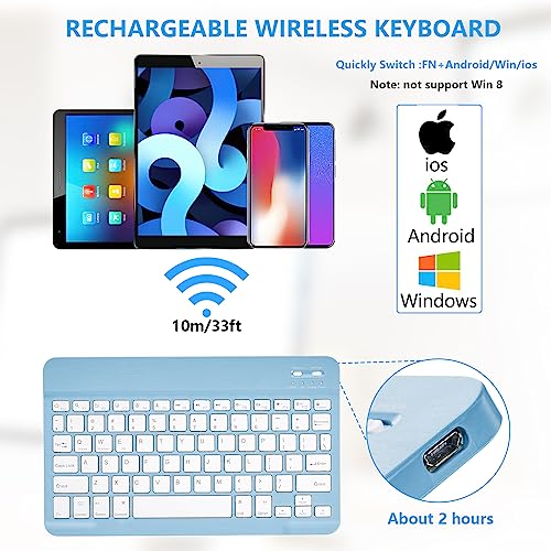 AIMMIE Portable Wireless Keyboard, Rechargeable10 Ultra Slim Universal Tablet Keyboard with Wireless Mouse, Small Wireless Keyboard for iOS/Android/Windows Tablets, Laptops, PC, Phones (Blue)