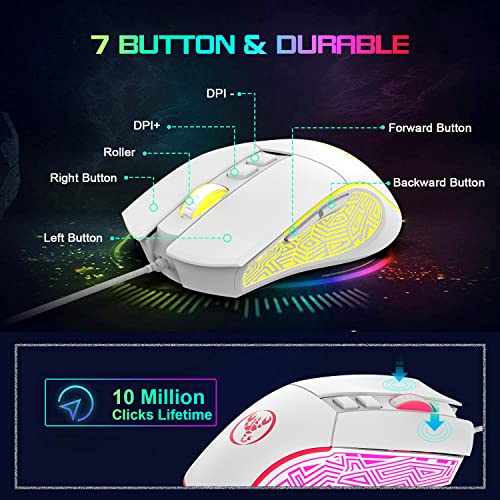 HXSJ X100 Gaming Mouse Wired,Ergonomic PC Gaming Mice with 7 Colors LED Backlit,7 Buttons,Gaming Optical Sensor,4 DPI Level Settings,Up to 3600 DPI,Lightweight,for PC,Laptop,Mac,PS4,XBOX - White