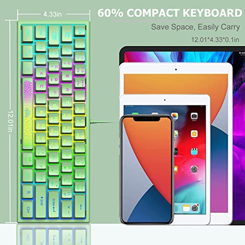 LexonElec K61 pro - [UK Layout] 60% percent Green Keyboard Gaming Mini Cute - RGB Illuminated LED Light up USB Wired Compact - Small Portable Mechanical Feel Aesthetic for PC Laptop MAC ps4 Gamer