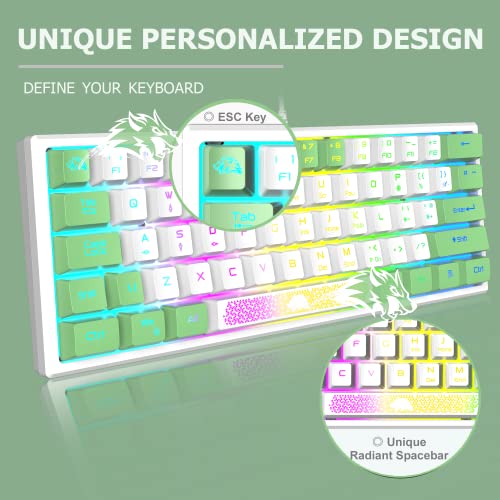 LexonElec K61 Pro - UK Layout Gaming Keyboard 60 percent Mini RGB Illuminated LED Light up - White and Green Mixed key colour caps colorful - USB Mechanical Feel Aesthetic for PC Laptop MAC ps4