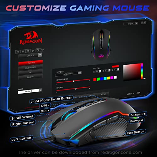 Redragon Gaming Mouse, RGB Gaming Mouse Wired with 9 Programmable Macro Buttons, Chroma RGB Backlit, 8000 DPI Adjustable, PC Gaming Mice with Fire Button for Windows/Mac, Black, M910-K