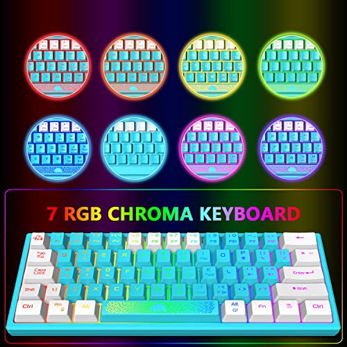 K61 UK Layout 60% Gaming Keyboard Wired 61 Keys RGB LED Backlit 7 Lighting Effects Waterproof Keyboard Mechanical Feeling 19 keys Anti Ghosting for Laptop MAC ps4- Blue and White Mixed-Colored Keycaps