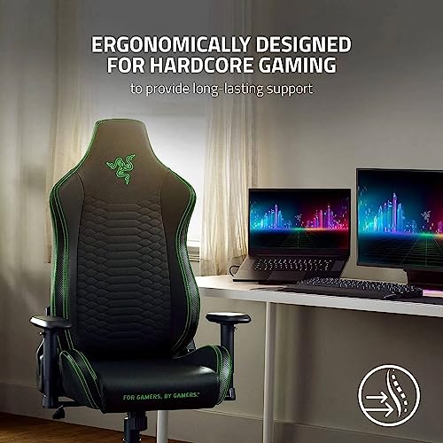 Razer Iskur - Premium Gaming Chair with Integrated Lumbar Support (Desk Chair / Office Chair, Multi-layer Synthetic Leather, Foam Padding, Head Pad, Height Adjustable) Black/Green | XL