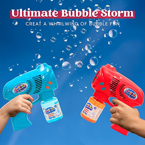 JOYIN 2 Bubble Guns with 2 Bubble Refill Solution (10 oz/294ml Total), Bubbles Maker, Blower, Machine Gun Blaster for Kids, Toddlers, Outdoors Activity, Party Favors, Birthday Gift, Easter (Blue+Red)