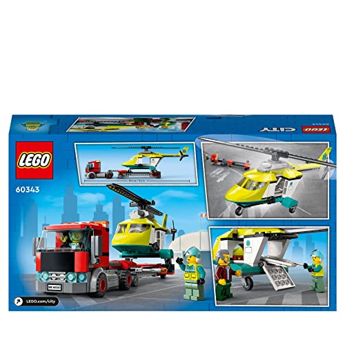 LEGO City Rescue Helicopter Transport 60343 Building Kit for Children Aged 5 and Up, Featuring a Toy Lorry with a Helicopter Trailer, Plus Driver and Pilot Minifigures (215 Pieces)