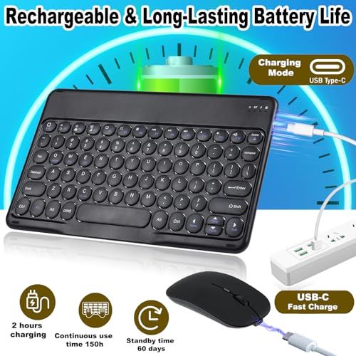 Bluetooth Keyboard, Wireless Keyboard and Mouse 2.4 USB Rechargeable Lightweight 10IN Universal Quiet Portable Mini Keyboard and Mouse Set for iPad,iOS,Mac,Windows,Android Tablet Laptop Upgrade-Black