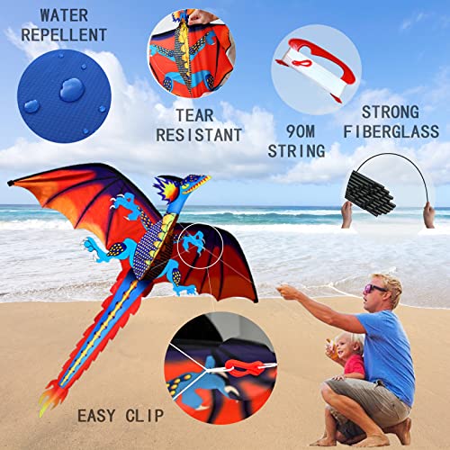 Touch the sky Huge Dragon Kite for Kids and Adults Easy to Fly-55inch x 62inch Single Line with Tail 90M String