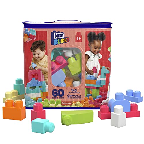 MEGA BLOKS Big Building Bag building set with 60 big and colorful building blocks, and 1 storage bag, toy gift set for ages 1 and up, DCH54