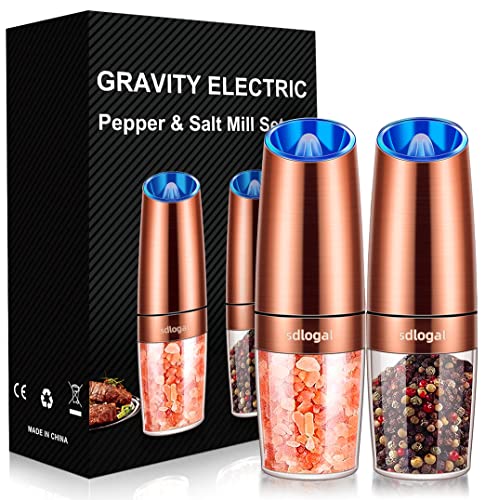 sdlogal Salt and Pepper Mill Electric (Copper, 2 Pieces), Gravity Automatic Operation Spice Mills with LED Light, Adjustable Coarse Mechanism, Battery Operated, Salt Mill for Home, Kitchen