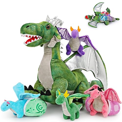 MorisMos Green Dragon Teddy with Babies inside Toy, Lifelike Cuddly Dragons Plush Soft Toys for Boy, Kawaii Dragon Stuffed Animal Gifts for Valentines Birthday Children's Day Party Decorations (55 cm)