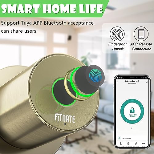 FITNATE Smart Lock Fingerprint Door Knob, Biometric Door Lock Fingerprint Key with App Control, Bluetooth Smart Deadbolt, Touch to Digital Door Lock for Bedroom,Home,Hotel,Office, Bronze Golden