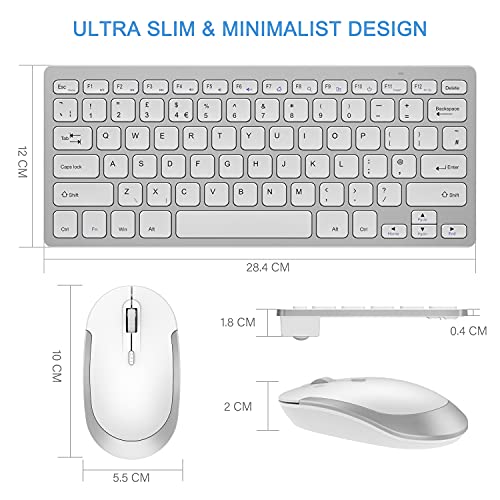 Compact Wireless Keyboard and Mouse Combo, 2.4G Portable Small Cordless Keyboard & Mouse Set UK QWERTY Layout for PC Computer Laptop, White and Silver