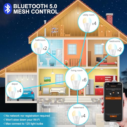 DUSKTEC Bluetooth Smart Bulbs 12W 1300LM, Bayonet Light Bulb 130W Equivalent, B22 LED Bulb Work with Alexa, Warm White to Cool White Dimmable, Vioce & App Control A60 Smart Light Bulb, 4 Pack, No Hub