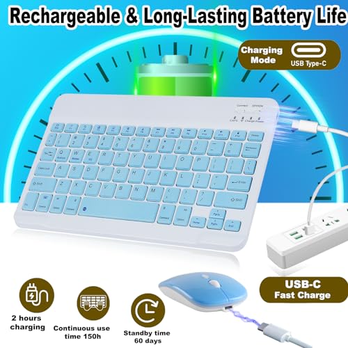 Bluetooth Keyboard, Wireless Keyboard and Mouse 2.4 USB Rechargeable Lightweight 10IN Universal Quiet Portable Mini Keyboard and Mouse set for iPad, iOS, Mac, Windows, Android Tablet Laptop-Blue