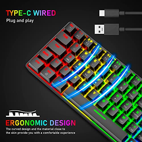 T60 UK Layout 60% Mechanical Keyboard and Mouse Set, Compact 62 Keys Mini Wired Gaming Keyboard 19 Rainbow Backlit + 6400DPI RGB Ultra-Light PC Gaming Mice + Mouse Pad For Laptop/MAC-Black/Red Switch