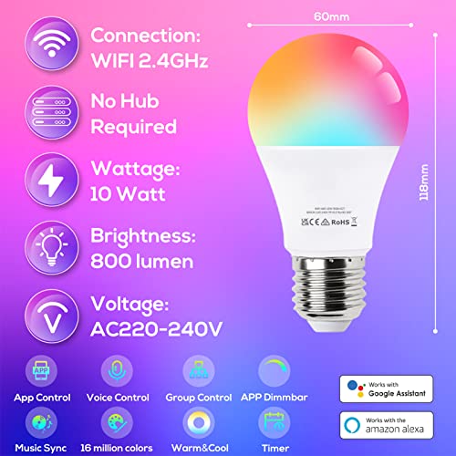 ALUSSO LIGHTING Smart Bulb, Alexa LED Light Bulbs, A60 E27 Colour Changing Light Bulb, WiFi Bulb Remote Control with Alexa and Google Home, 10W, RGBCW 2700K-6400K, 4 Pack