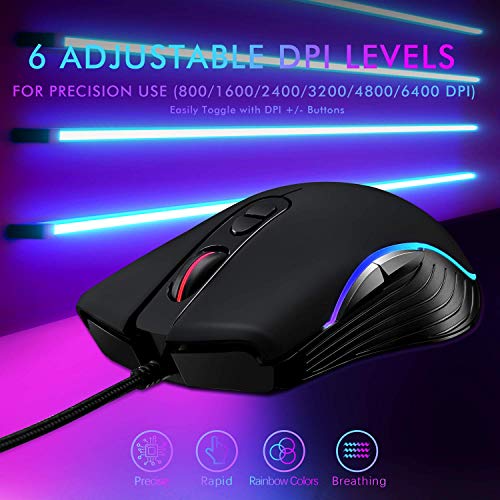 Lycander Gaming Mouse, Wired Optical USB Mice with Adjustable dpi up to 6400, 7 Buttons, LED, 1.5M Cable