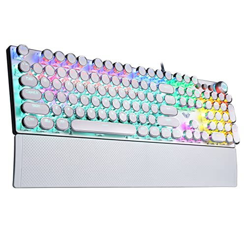Aula F2088 Typewriter Style Mechanical Gaming Keyboard Blue Switch, with Removable Wrist Rest, Media Control Knob, Rainbow Backlit, Retro Punk Round Keycaps, 108 Keys Wired Computer Keyboard, White