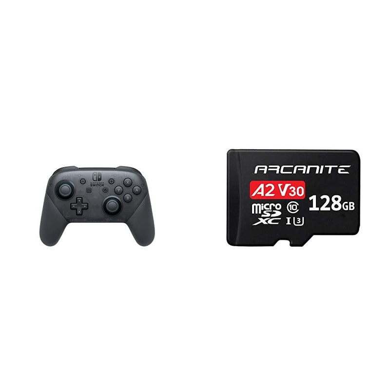Nintendo Switch Pro Controller, Black + ARCANITE 128GB microSDXC Memory Card with Adapter - A2, UHS-I U3, V30, 4K, C10, Micro SD, Optimal read speeds up to 95 MB/s.