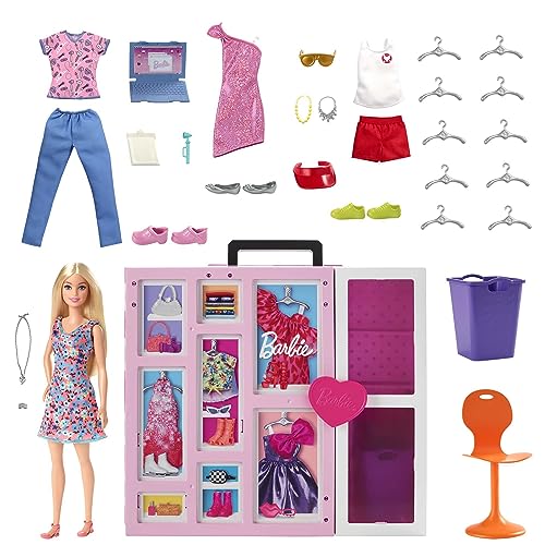 Barbie Doll and Dream Closet Set with Clothes and Accessories, 30+ Pieces and 15+ Storage Areas, HGX57