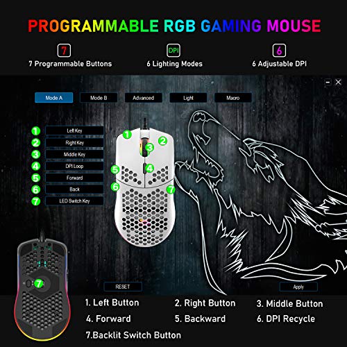 Wired Gaming Mouse, 6 RGB Lighting 6400 DPI Programmable USB Gaming Mice with 6 buttons, Honeycomb Shell Ergonomic Design for PC Gamers and Xbox and PS4 Users -White