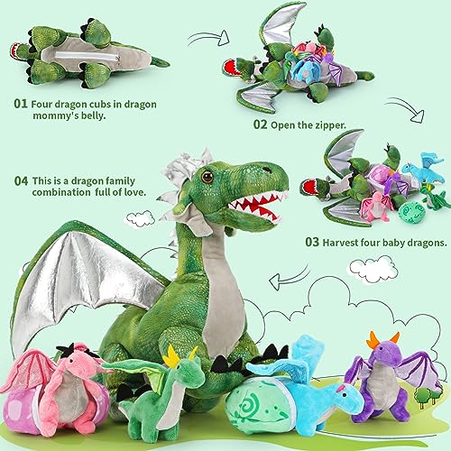 MorisMos Green Dragon Teddy with Babies inside Toy, Lifelike Cuddly Dragons Plush Soft Toys for Boy, Kawaii Dragon Stuffed Animal Gifts for Valentines Birthday Children's Day Party Decorations (55 cm)