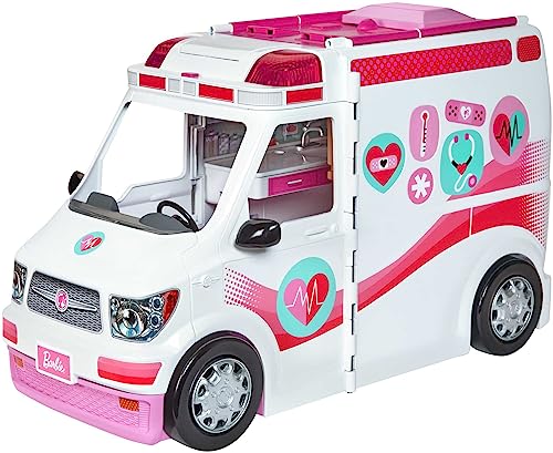 Barbie Ambulance and Hospital Playset, Emergency Vehicle with Lights and Sounds Transforms into Care Clinic and 20 Doll Accessories, Toys for Ages 3 and Up, One Barbie Vehicle, FRM19