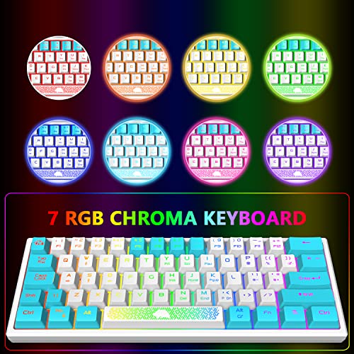 K61 UK Layout 60% Gaming Keyboard Wired 61 Keys RGB LED Backlit 7 Lighting Effects Waterproof Keyboard Mechanical Feeling 19 keys Anti Ghosting for Laptop MAC ps4- White and Blue Mixed-Colored Keycaps