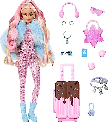 Barbie Travel Barbie Doll with Wintery Snow Fashion, Barbie Extra Fly, Sparkly Pink Jumpsuit and Faux-Fur Coat, HPB16