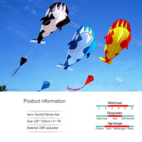 Lixada 3D children adults kites Giant frameless soft parafoil giant whale kite, single line kite Best large beach kite, 120 * 215cm, with storage bag