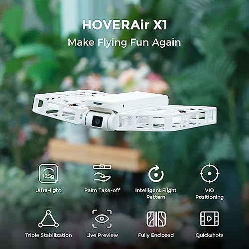 HOVERAir X1 Self-Flying Camera, Pocket-Sized Drone HDR Video Capture, Palm Takeoff, Intelligent Flight Paths, Follow-Me Mode, Foldable Camera Drone with Hands-Free Control White (Standard)