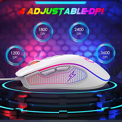 HXSJ X100 Gaming Mouse Wired,Ergonomic PC Gaming Mice with 7 Colors LED Backlit,7 Buttons,Gaming Optical Sensor,4 DPI Level Settings,Up to 3600 DPI,Lightweight,for PC,Laptop,Mac,PS4,XBOX - White