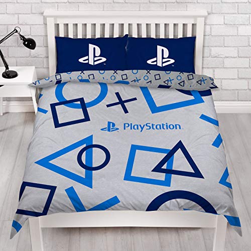Character World PlayStation Blue Double Duvet Cover Officially Licensed Sony Reversible Two Sided Gaming Bedding Design with Matching Pillowcase, Polycotton, Blue, PYSBLEDD001UK2