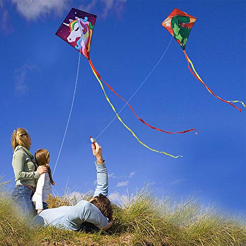 Diamond Kite 2 Pack, Dinasour + Unicorn Eddy Kite, Single Line Kite for Children, Wonderful Beginner Kite for 3 years up, 60x70cm with 2x300cm long tails, Kite handle, 60m String and swivel included.