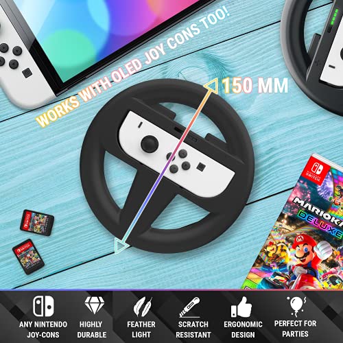 Orzly Steering Wheels for Nintendo Switch & OLED Joy-Cons, Racing Wheels for Mario Kart 8 Deluxe [Mariokart Switch Steering Wheel Joycon Controller Attachment Accessories]-TWIN PACK [2X Black Wheels]