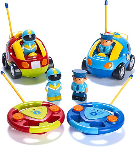 Prextex 2-Pack RC Cartoon Cars: Remote Control Cars for Kids Age 2-3 | Kids Remote Control Police and Race Car Toys for Boys | Great Stocking Fillers for Toddlers 18+ Months