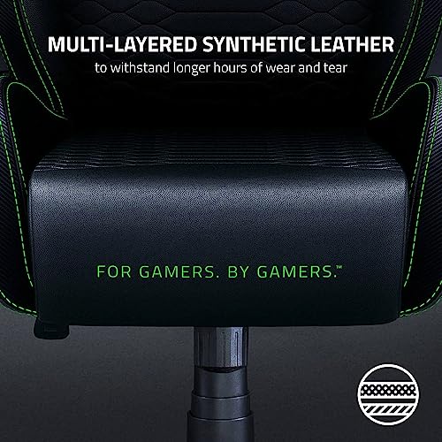 Razer Iskur - Premium Gaming Chair with Integrated Lumbar Support (Desk Chair / Office Chair, Multi-layer Synthetic Leather, Foam Padding, Head Pad, Height Adjustable) Black/Green | XL