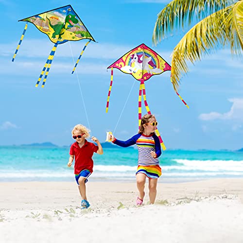 Yetech Kites for children, 2 pack, Dinosaur kite and Unicorn kite, Easy Fly Kites for Beginner, 110 * 55cm, Great Beach Games Outdoor Activities for Kids, 80m String and Swivel included