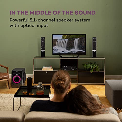 auna Areal 825 5.1 sound system - 5.1 home cinema system with 200 watts RMS power, 8" home cinema subwoofer + 5 speakers, Bluetooth, USB, SD, AUX, incl. remote control, Black