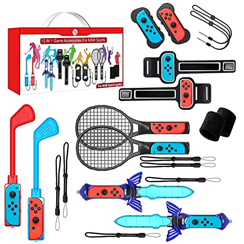 Aceshop 12 in 1 Switch Sports Accessories Bundle for Nintendo Switch / Nintendo Switch OLED Switch Accessories Bundle with Tennis Rackets Golf Culbs JoyPad Grips Sword Wrist & Leg Straps