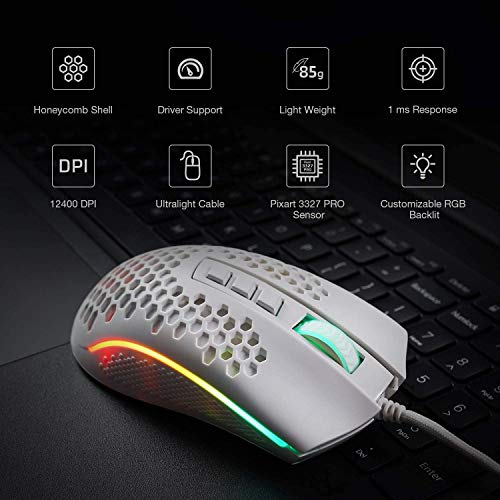 Redragon M808 Storm Ultralight Wired Gaming Mouse, 85g Lightweight Honeycomb Shell - Adjustable DPI Up to 12,400 - Optical Sensor - 7 Programmable Buttons - for PC Gamers - White