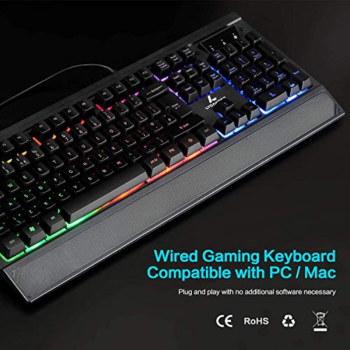 LYCANDER Gaming Keyboard UK, Wired USB Keyboard - 19 anti-ghosting keys, 1.8m cable, rainbow backlight