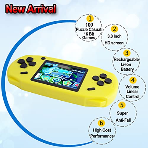 Bornkid 16 Bit Handheld Game Console for Kids and Adults with Built in 100 HD Puzzle Video Game 3.0'' Large Screen Senior Electronic Handheld Games Children Birthday Gift (Yellow)